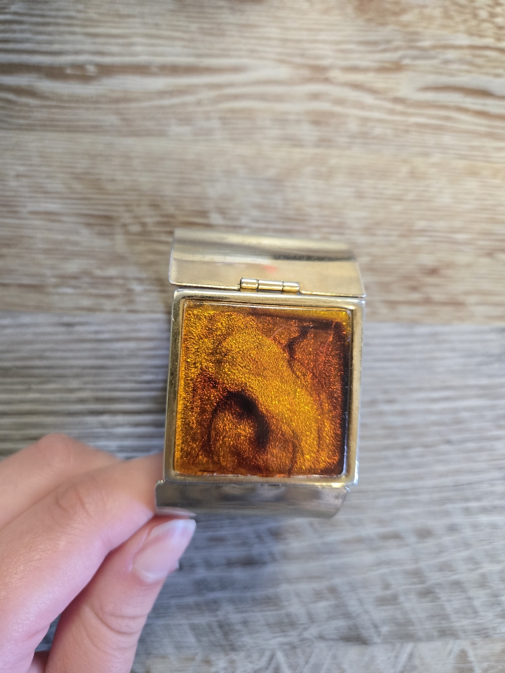 Silver Bracelet with Swirling Amber Resin Tile